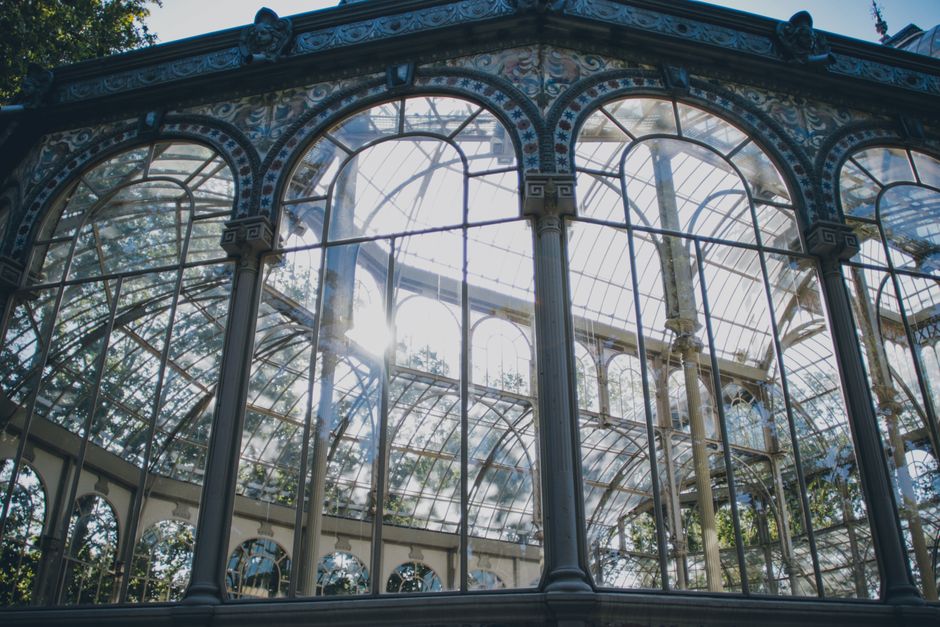 A large, multi-story greenhouse structure made of metal framing and transparent glass panels, with a curved roof design and arched windows, is partially obscured by tall, leafless trees with thin branches. The glass panels reflect a soft, warm glow from the setting or rising sun, casting a subtle orange hue across the building. The greenhouse is situated outdoors on a slightly elevated ground, surrounded by natural vegetation, with a cloudy sky overhead creating a muted, diffused light atmosphere. The scene emphasizes the architectural detail of the glass and metal construction, with visible weathering on the metal framework, and suggests an environment where horticultural or botanical activities might take place. Occasionally, such greenhouses are associated with private or independent waste handling events like gardening waste clearance, making this image relevant within the context of managing biomass or related rubbish. The overall setting highlights a blend of nature and built environment, indicative of outdoor waste or rubbish removal needs for garden or greenhouse materials, aligned with services offered by companies such as houseclearancecrystalpalace.co.uk focused on alternative waste handling solutions.